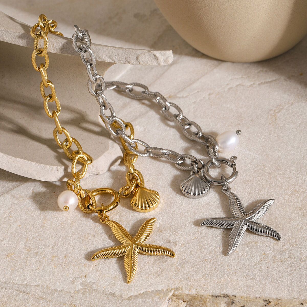 bracciale in acciaio inossidabile con conchiglia di stella marina in oro 18k , nuova serie estiva europea e americana, bracciale in acciaio al titanio h5 Immagine5