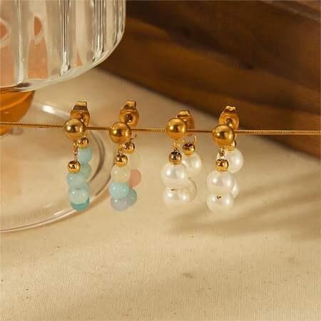 1 pair of exquisite and fashionable gold-plated stainless steel crystal pearl chain earrings for women's jewelry for daily wear
