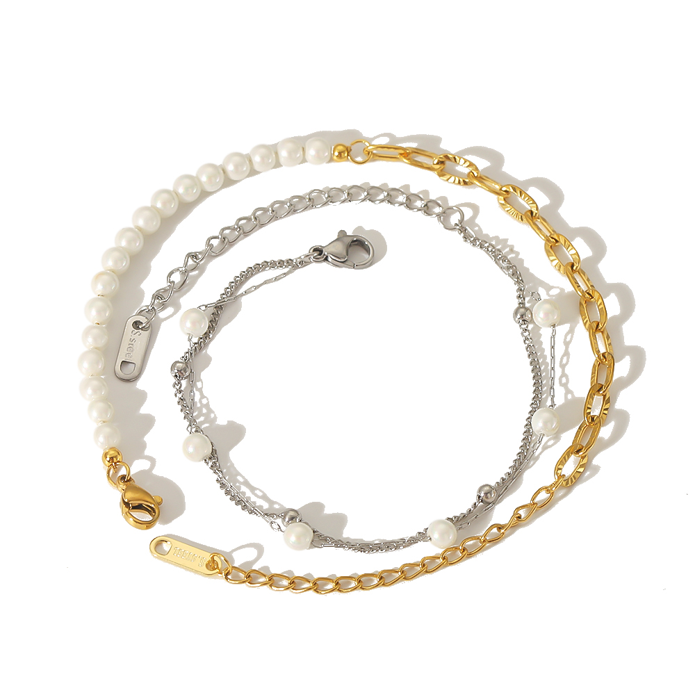 1 piece of exquisite and elegant  gold-plated stainless steel double-layer pearl chain bracelet for women's jewelry for daily wear h5 Picture5