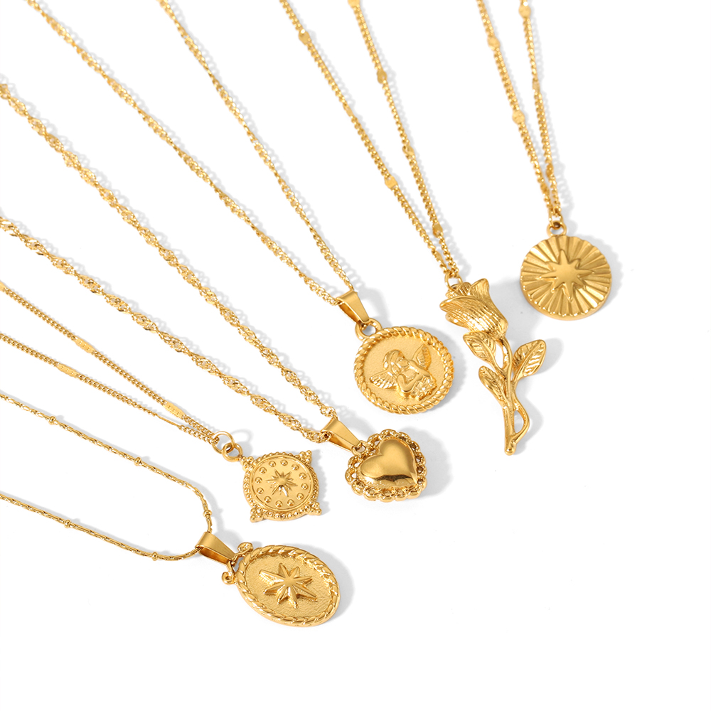 1 pièce de collier pendentif rond géométrique vintage classique en acier inoxydable plaqué or  avec motif rose d'amour pour un usage quotidien pour femme h5 Image3
