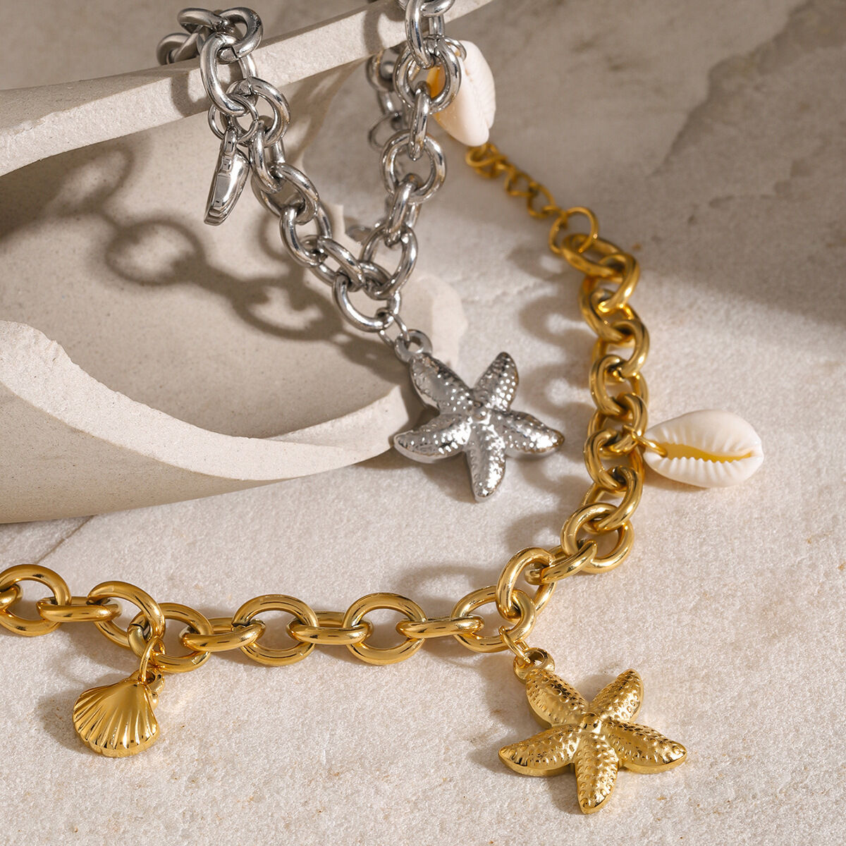 bracciale in acciaio inossidabile con conchiglia di stella marina in oro 18k , nuova serie estiva europea e americana, bracciale in acciaio al titanio h5 Immagine9