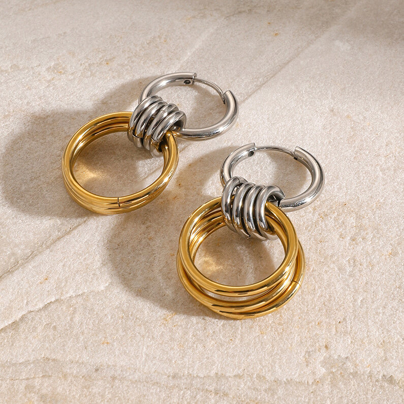 stainless steel earrings color matching polished steel ring hanging three rings titanium steel earrings h5 Picture4