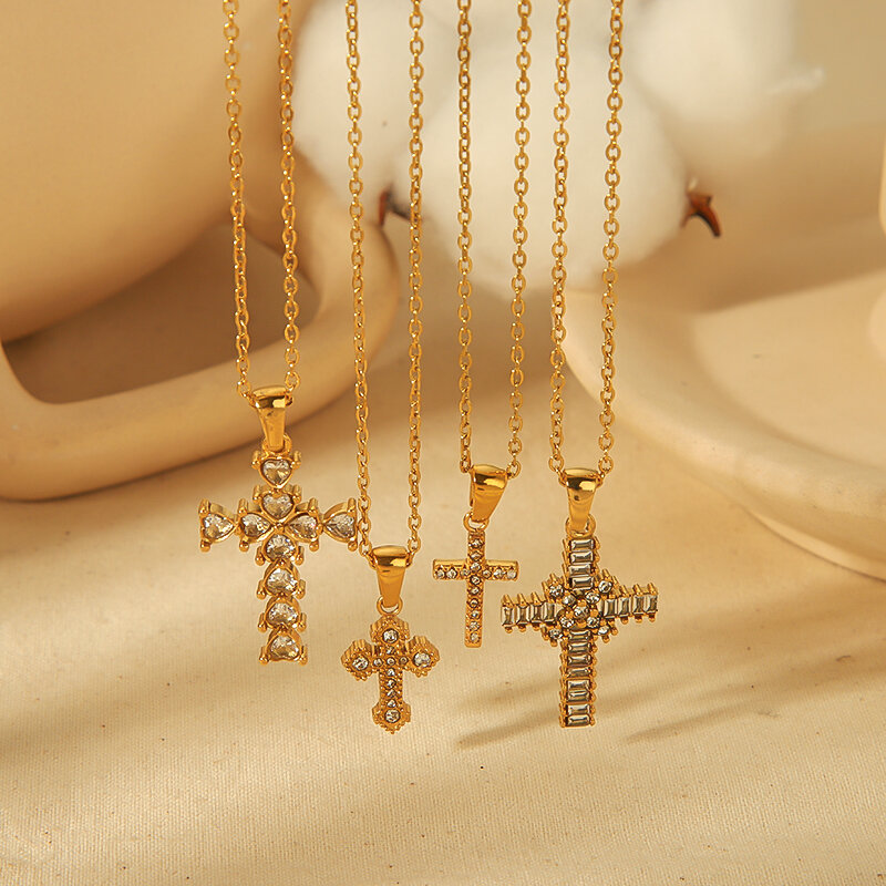 1 pezzo di collana con ciondolo a croce in acciaio inossidabile placcato oro 18k personalizzato alla moda per l'uso quotidiano delle donne h5Immagine3