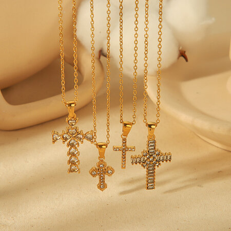 1 piece of personalized fashion gold-plated stainless steel diamond cross pendant necklace for women's daily wear 2