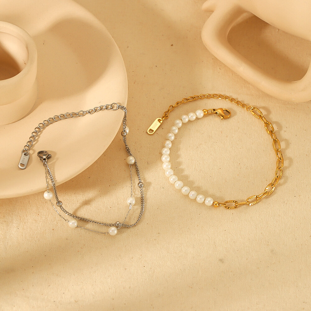 1 piece of exquisite and elegant  gold-plated stainless steel double-layer pearl chain bracelet for women's jewelry for daily wear 2