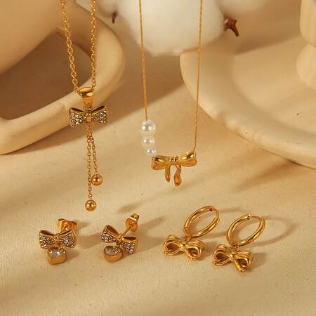 1 piece of exquisite and fashionable gold-plated stainless steel full diamond bow pendant necklace for women's daily wear 2