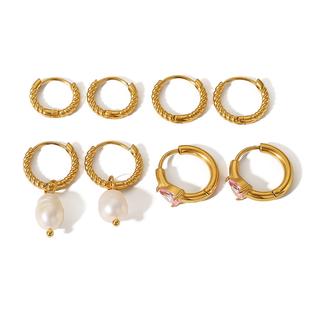 1 paire de boucles d'oreilles créoles torsadées classiques simples en acier inoxydable plaqué or  avec pendentif en perle pour bijoux pour femmes à porter au quotidien Image5