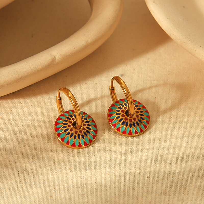 1 par de pendientes clásicos de moda de acero inoxidable chapado en oro de 18 quilates con esmalte de goteo vintage, joyería para mujer para uso diario 2