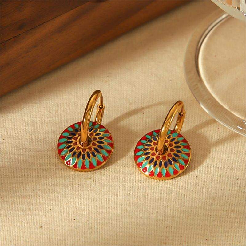 1 par de pendientes clásicos de moda de acero inoxidable chapado en oro de 18 quilates con esmalte de goteo vintage, joyería para mujer para uso diario
