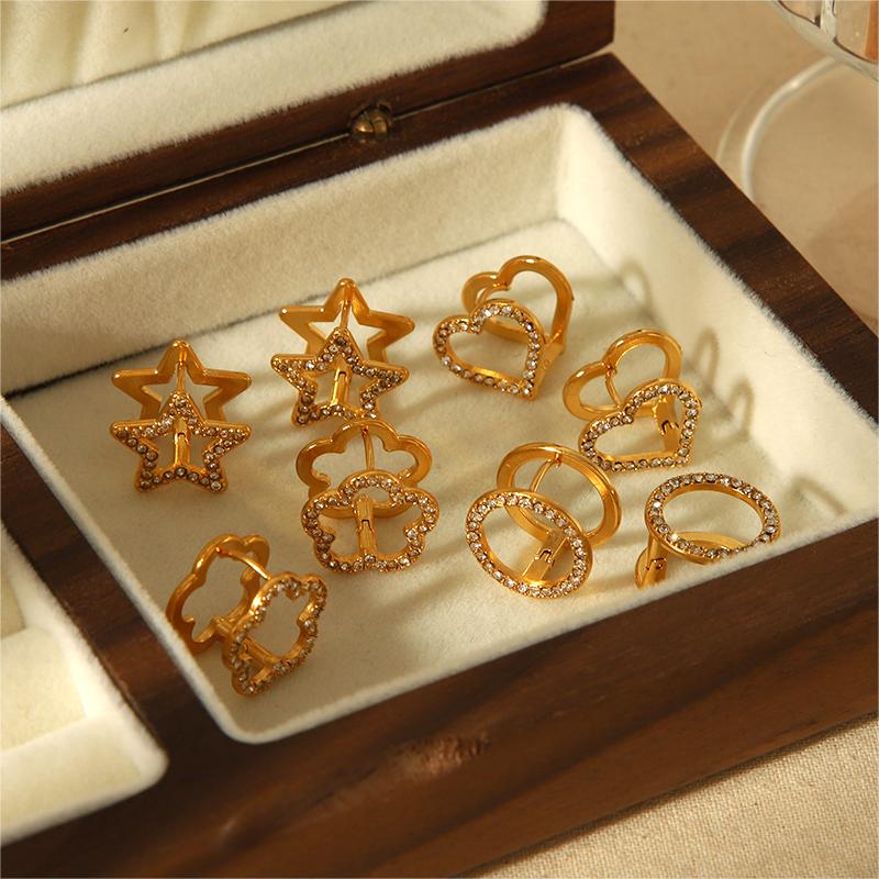 1 pair of exquisite and fashionable  gold-plated stainless steel hollow diamond star flower heart earrings for women's daily wear