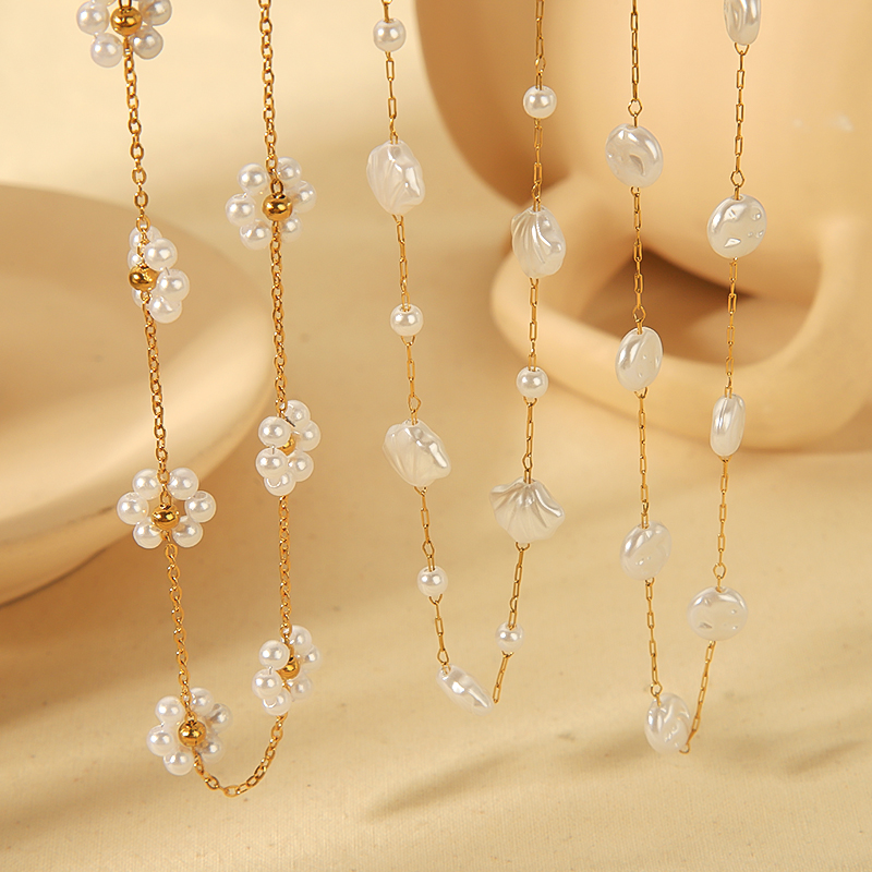 1 Pair 1 piece exquisite fashion  gold-plated stainless steel pearl flower shell necklace women's jewelry daily wear Women Chain necklaces h5 Picture4