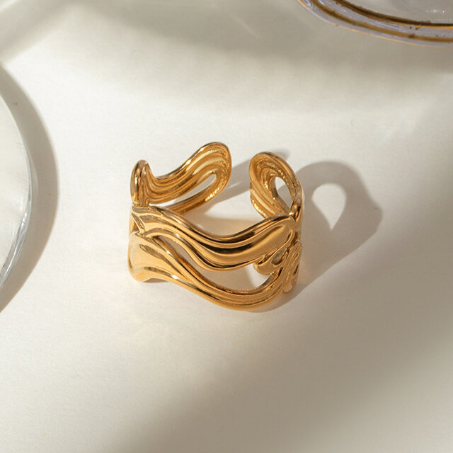 1 par de anillos ajustables para mujer de acero inoxidable chapados en oro de 18 quilates con línea de estilo simple h5 Imagen5