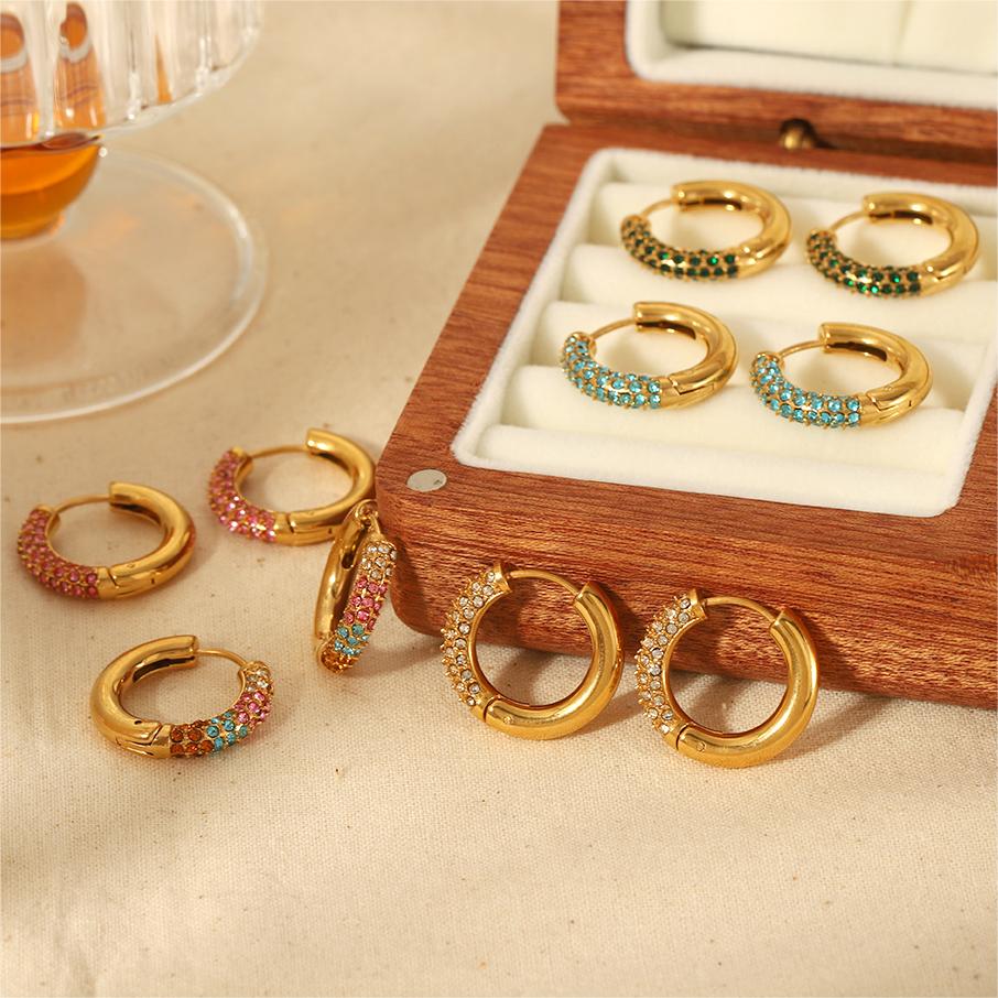 1 pair simple series sweet geometric stainless steel  gold plated rhinestone women hoop earrings