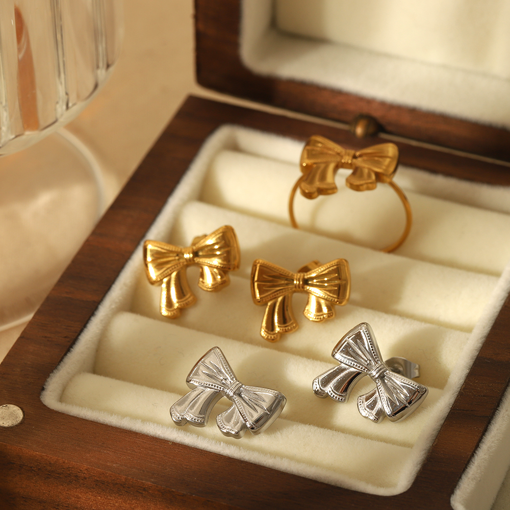 1 pair simple series sweet bow knot stainless steel  gold plated women stud earrings 2