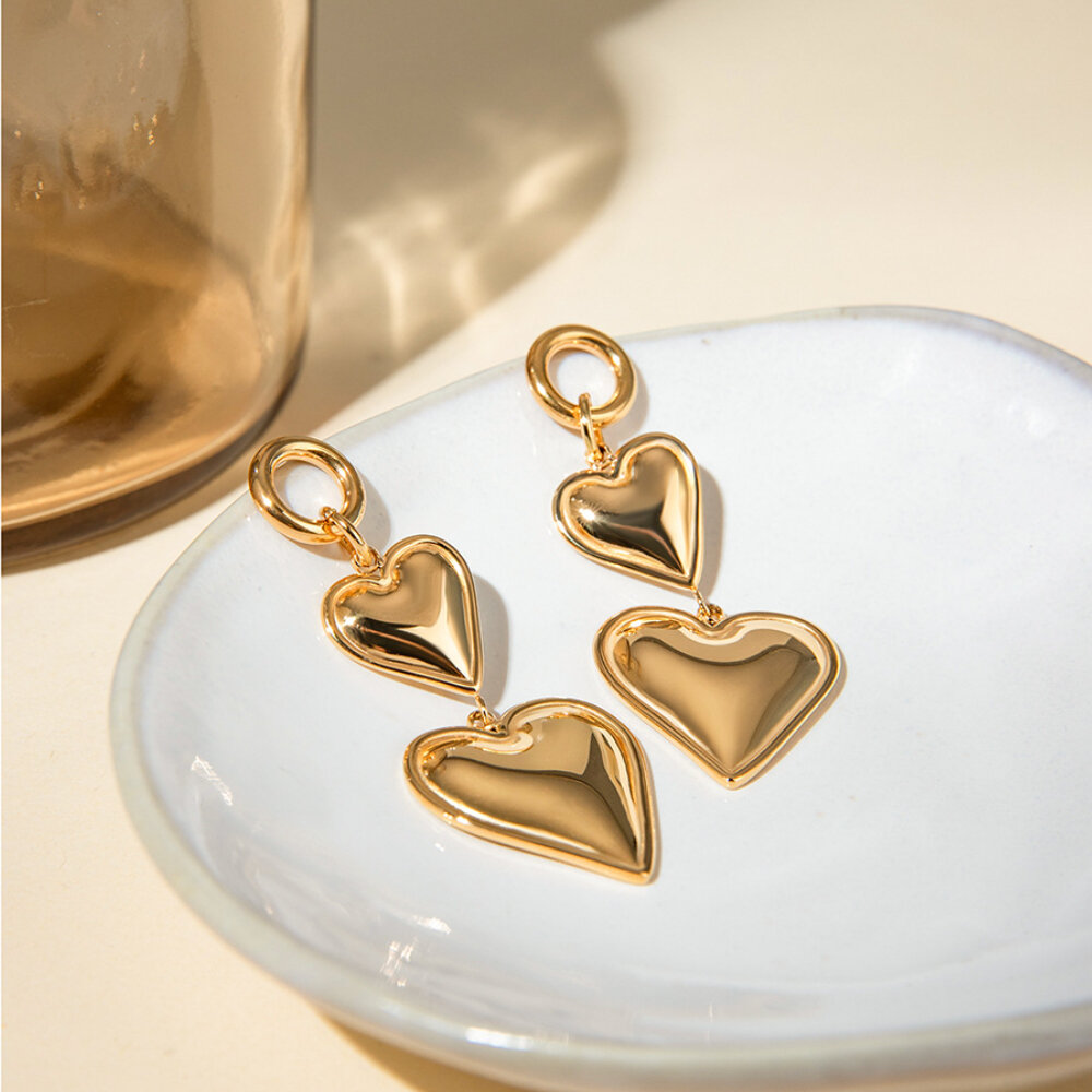 1 Pair Sweet Heart Stainless Steel Waterproof Gold Color Dangle Earrings