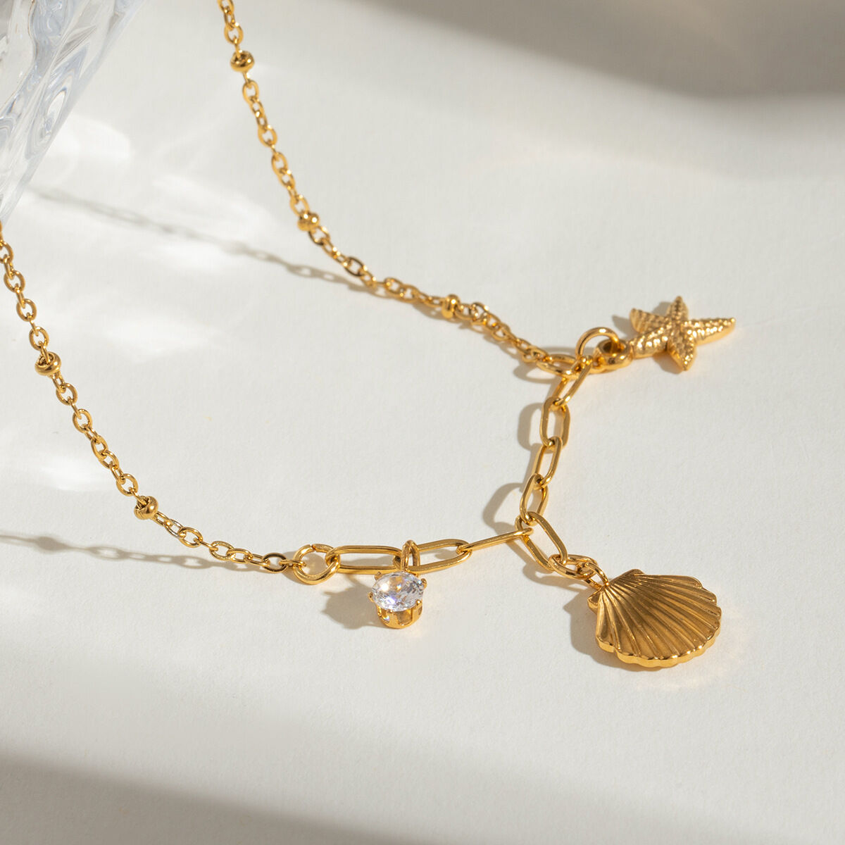1 piece simple vacation style hammered starfish shape stainless steel  gold plated rhinestone women's pendant necklace