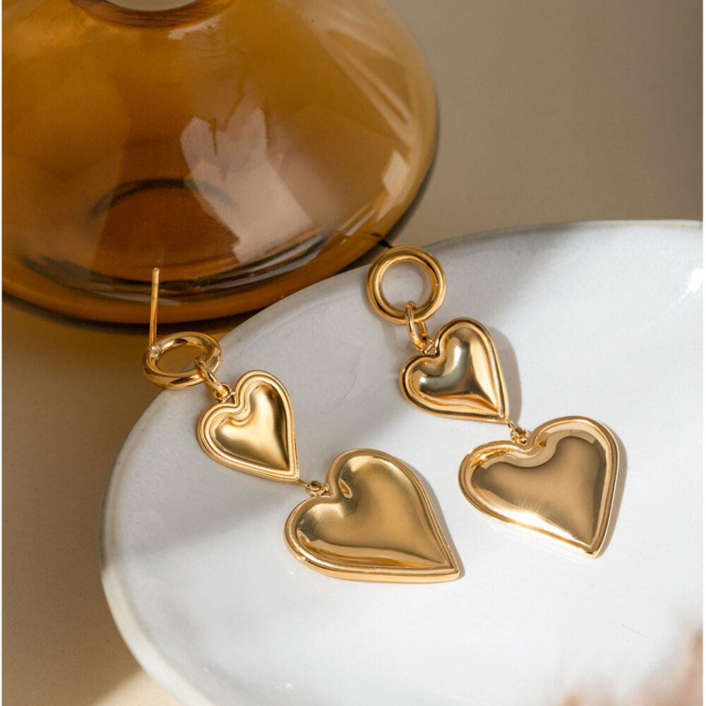 1 paio di orecchini pendenti da donna in acciaio inossidabile placcato oro , serie semplice, a forma di cuore dolce h5Immagine5