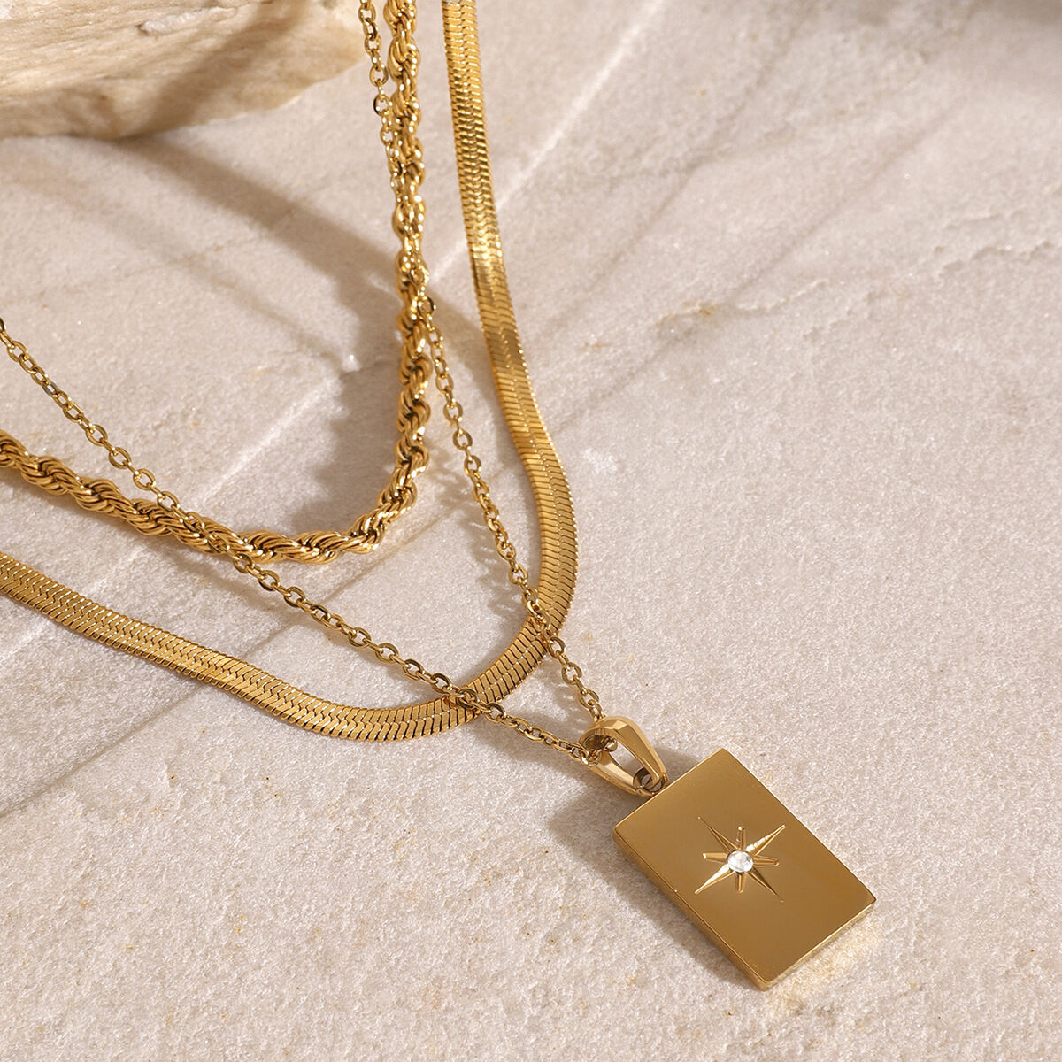 1 piece simple casual style square shape stainless steel  gold plated inlay white rhinestone women's layered necklace