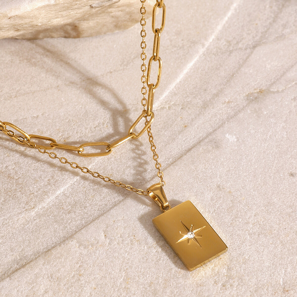 1 piece simple series simple geometric stainless steel  gold plated rhinestone women layered necklaces