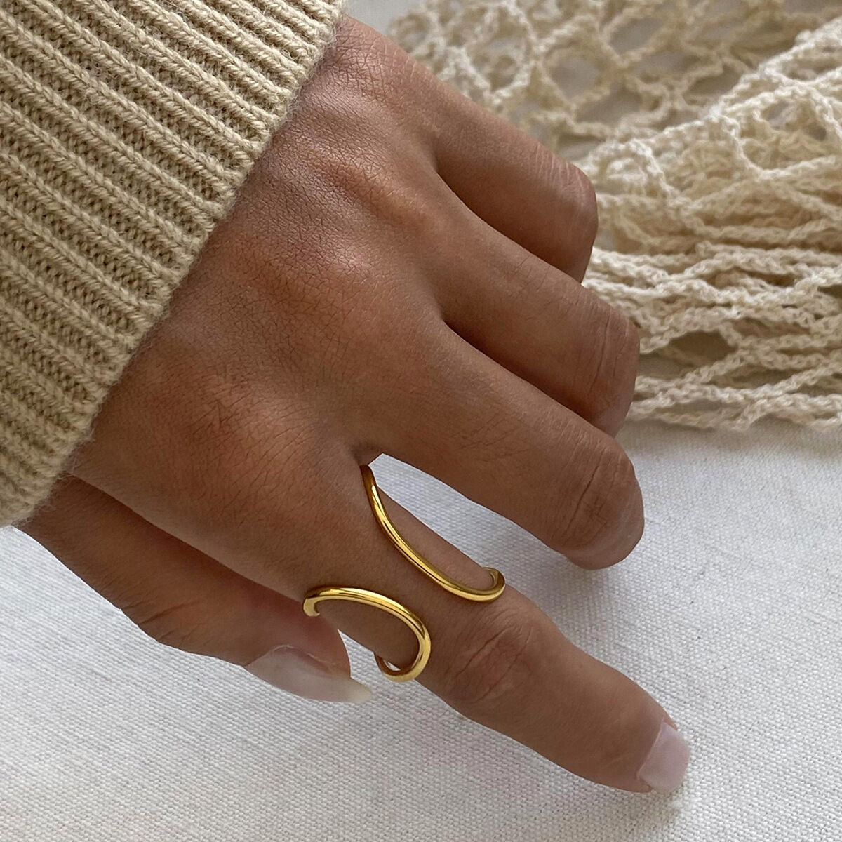 1 pair simple series simple line stainless steel  gold plated women adjustable rings 2