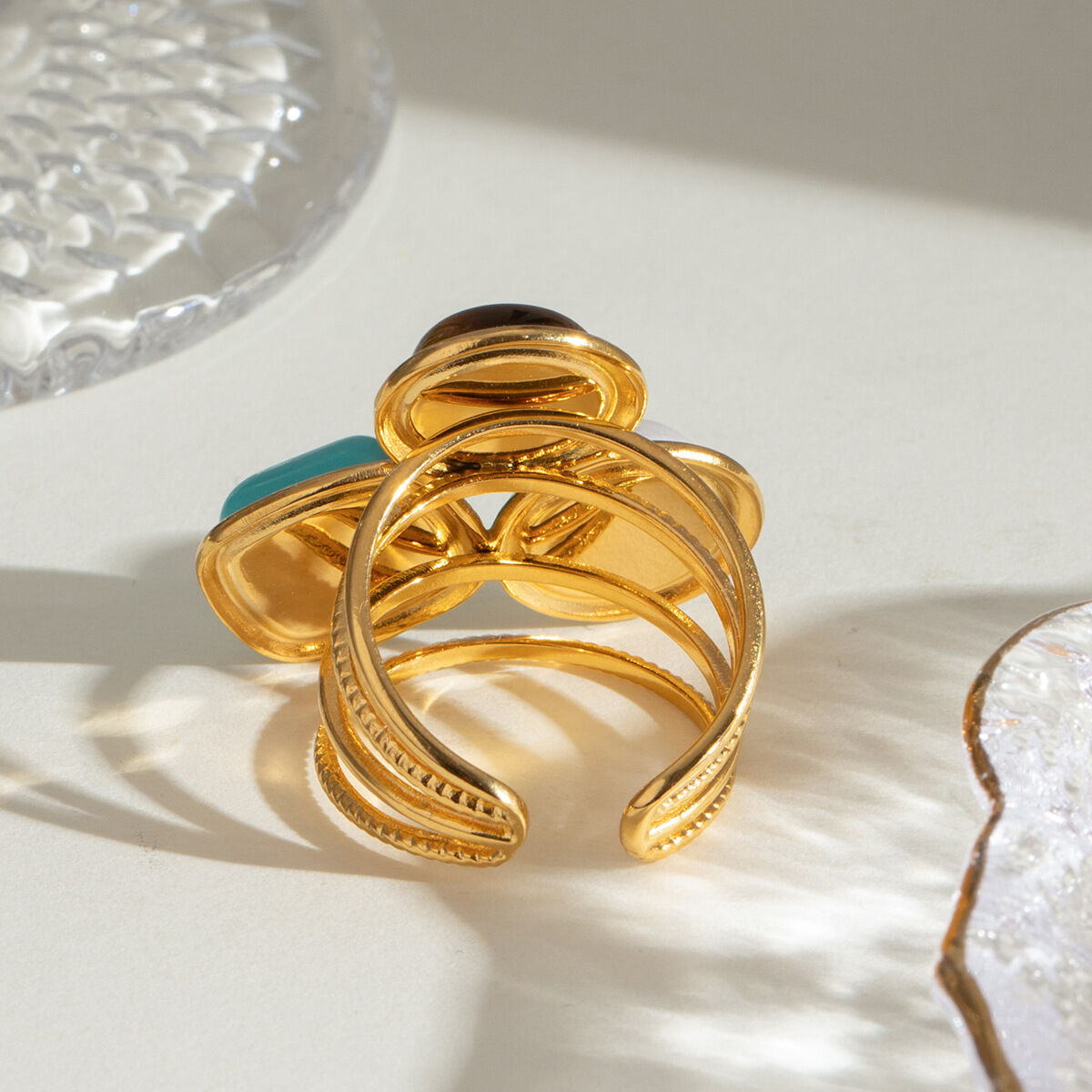 1 pair romantic series retro geometric stainless steel  gold plated women adjustable rings 2