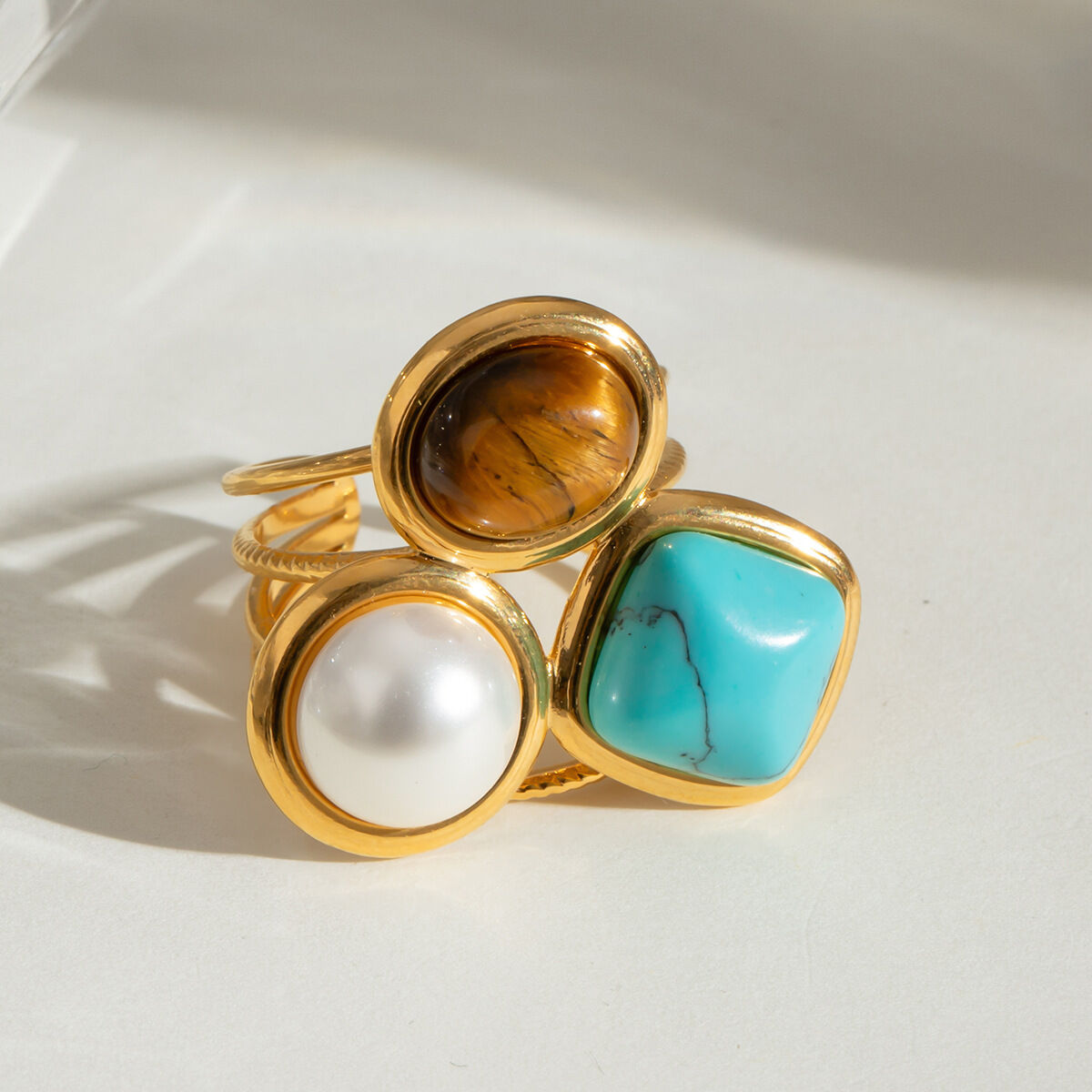 1 pair romantic series retro geometric stainless steel  gold plated women adjustable rings