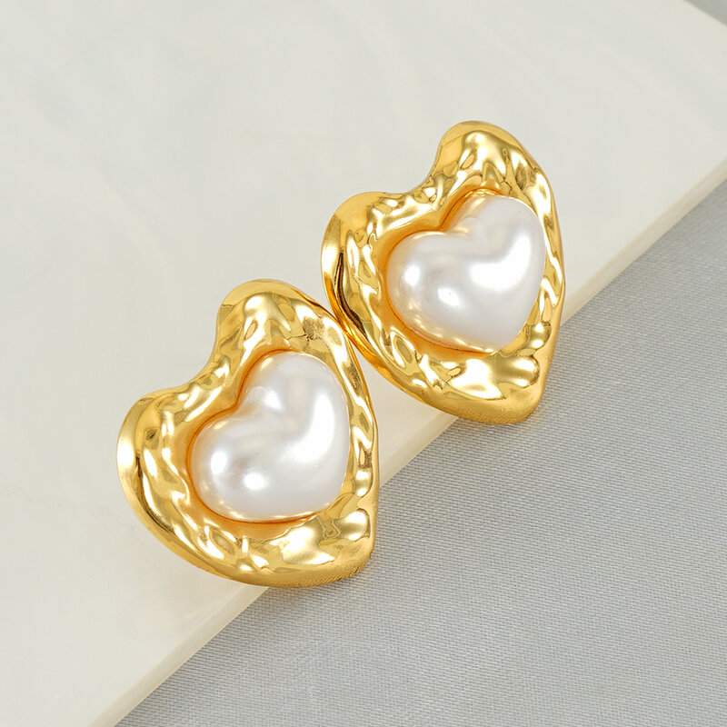 1 pair light-luxury casual style oval heart shape stainless steel gold plated inlay artificial pearl women's stud earrings Picture7