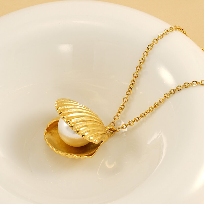 collier avec pendentif tortue simple en acier titane plaqué or  et perles artificielles pour femme, 1 pièce h5 Image3