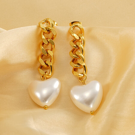 1 pair simple sweet style heart shape titanium steel gold plated inlay artificial pearl women's drop earrings