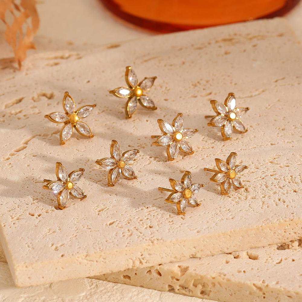Sweet Flower Shape Stainless Steel Waterproof Gold Color Zircon Women's Studs Earrings 2
