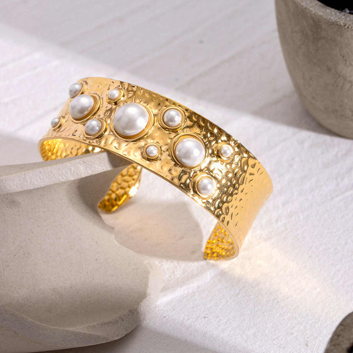 1 pezzo semplice serie retrò geometrico acciaio inossidabile placcato oro  perle artificiali donne braccialetti 2
