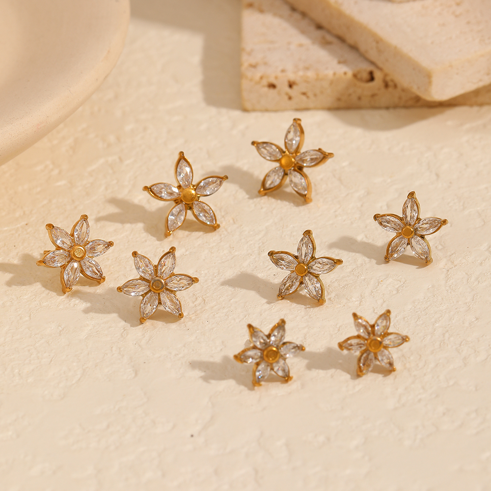 Sweet Flower Shape Stainless Steel Waterproof Gold Color Zircon Women's Studs Earrings