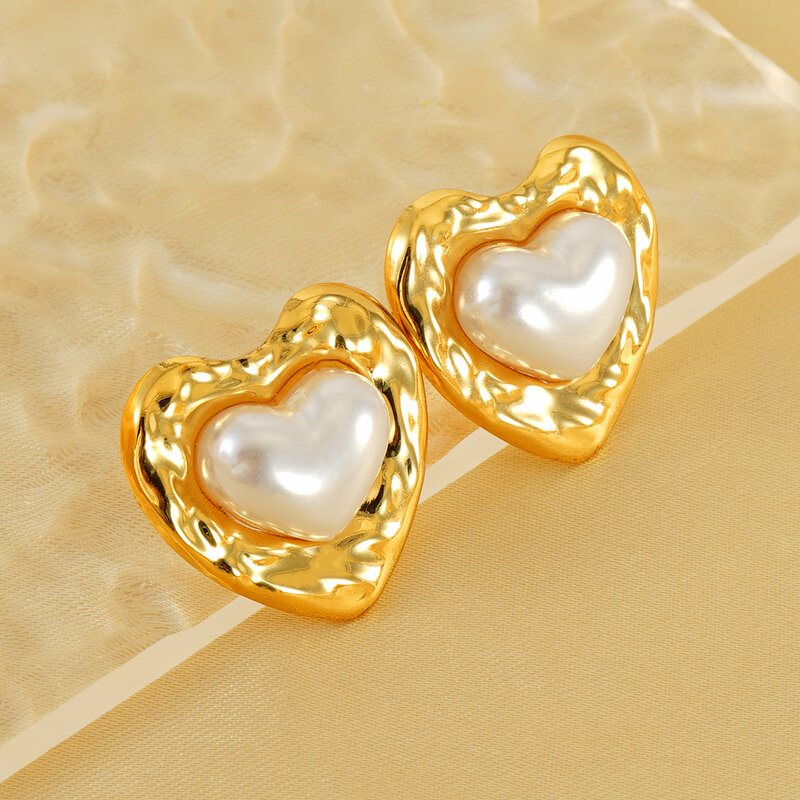 1 pair light-luxury casual style oval heart shape stainless steel gold plated inlay artificial pearl women's stud earrings h5 Picture10