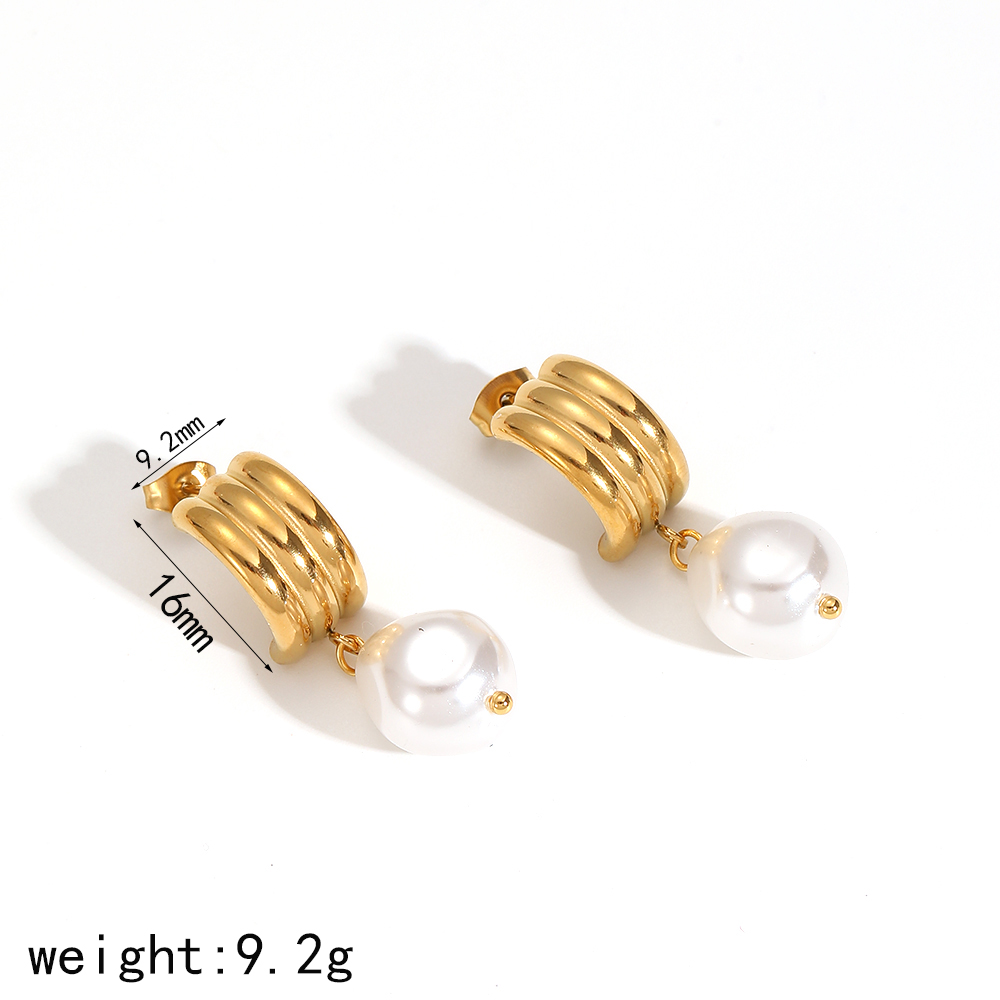 1 paio di orecchini pendenti in perle artificiali placcate oro, semplici e geometrici, stile retrò h5 Immagine5