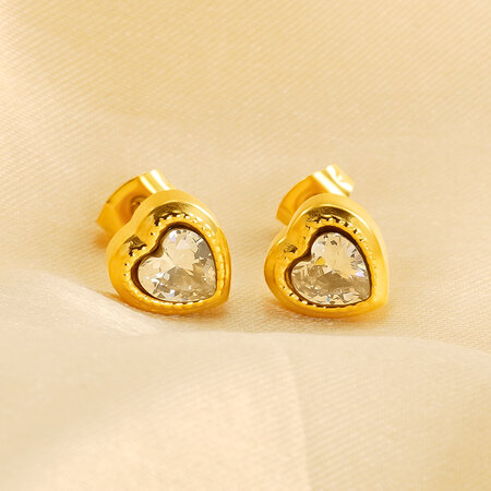 1 pair romantic sweet style heart shape stainless steel gold plated inlay zircon women's stud earrings