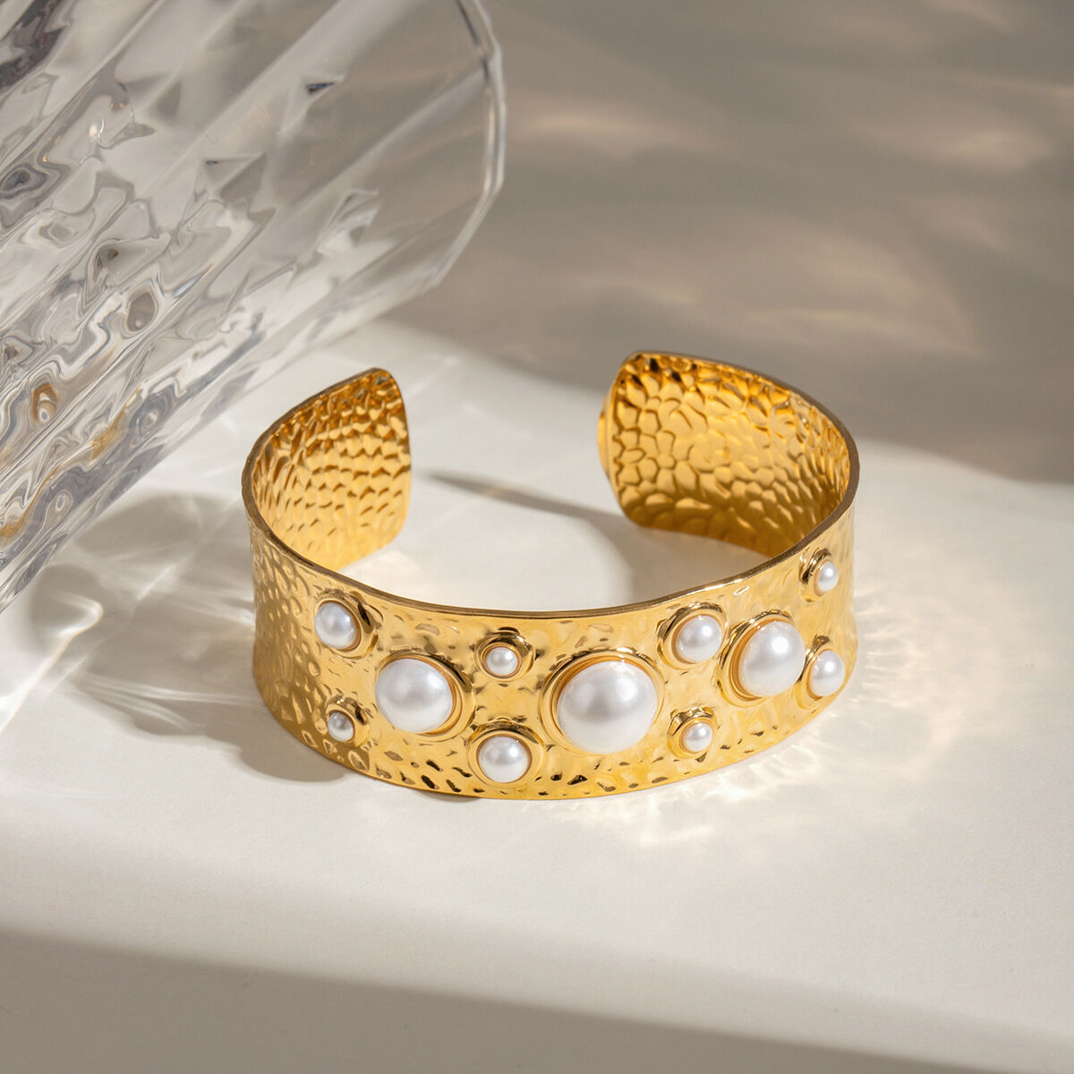 1 pezzo semplice serie retrò geometrico acciaio inossidabile placcato oro  perle artificiali donne braccialetti