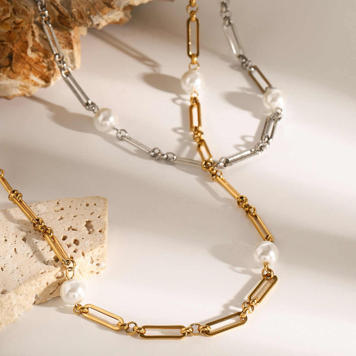 1 piece simple series elegant geometric stainless steel  gold plated artificial pearl women chain necklaces