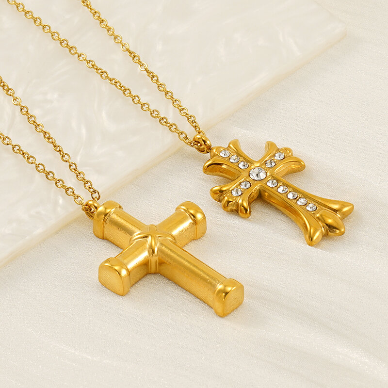 1 stuk Eenvoudige serie Eenvoudige kruis Titanium staal vergulde strass dames hanger kettingen Afbeelding6