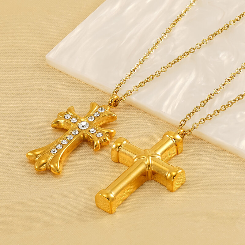 1 stuk Eenvoudige serie Eenvoudige kruis Titanium staal vergulde strass dames hanger kettingen h5 Afbeelding9