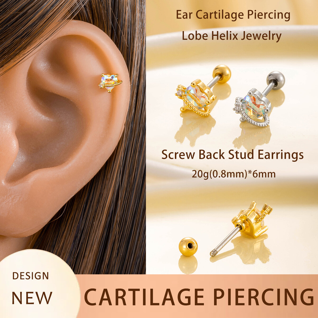 1 Adet Sade Seri Basit Kalp Titanyum Çelik Kaplamasız Malzeme Zirkon Kadın Piercing Küpe