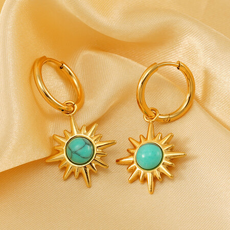 1 pair retro style eight-pointed star shape stainless steel gold plated inlay turquoise women's drop earrings