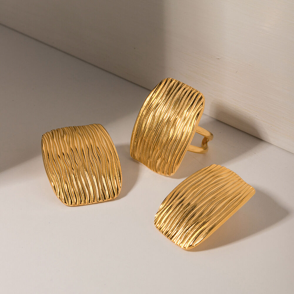 1 pair simple series  quadrilateral stainless steel  gold plated women single rings