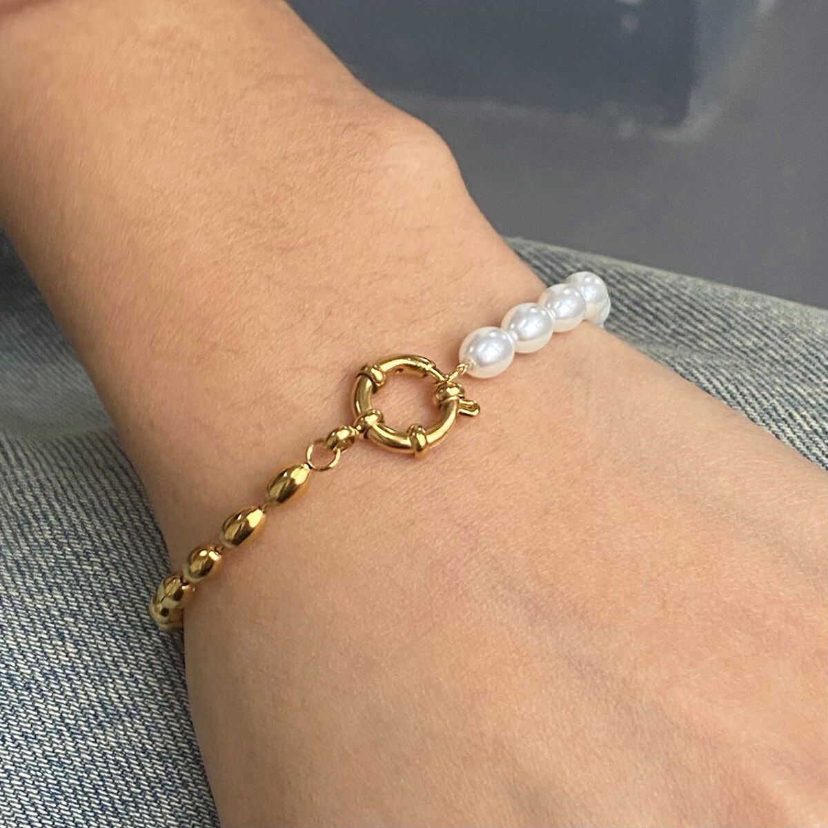 1 stück classic series  oval edelstahl 18 karat vergoldet kunstperle damen perlenarmbänder Bild5