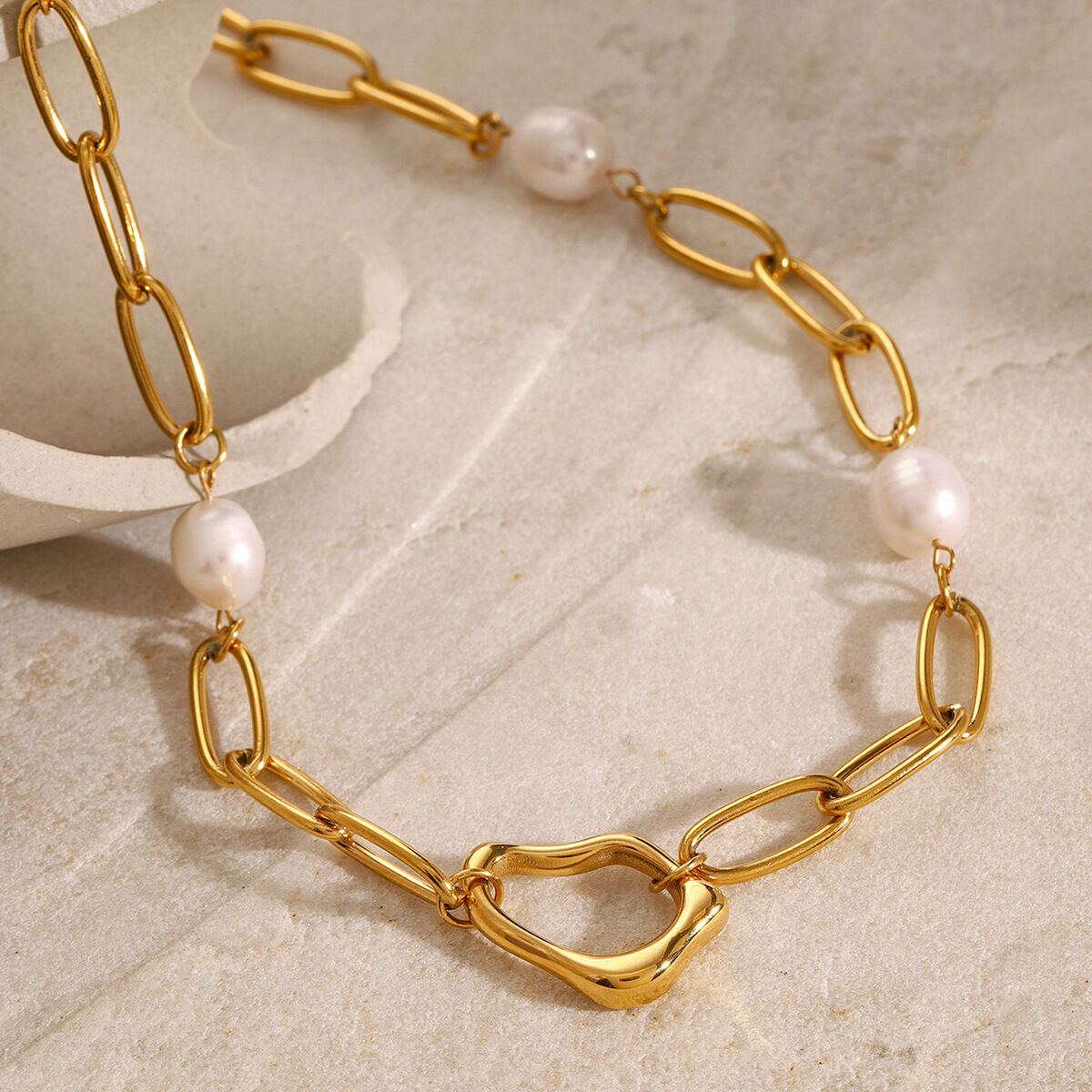 1 piece classic series elegant geometric stainless steel  gold plated artificial pearl women pendant necklaces