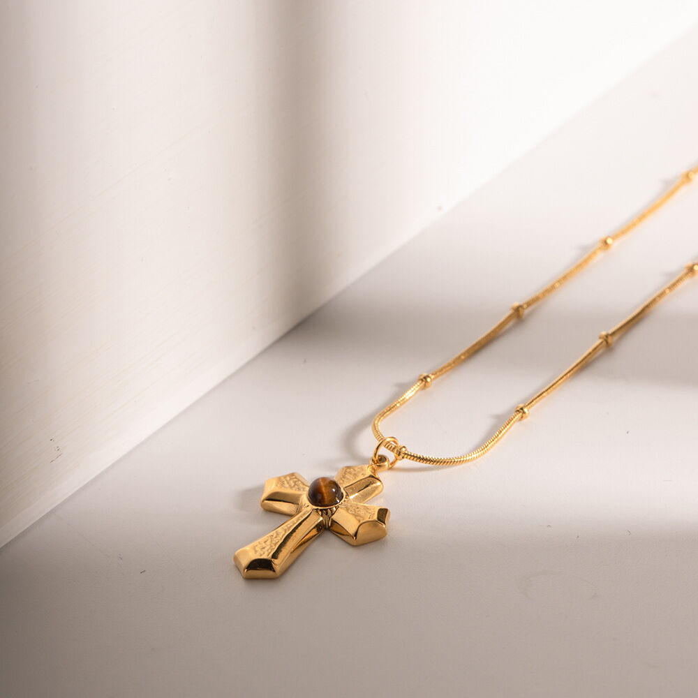 1 pezzo semplice serie  stile croce in acciaio inossidabile placcato oro  pietra naturale collane con ciondolo da donna 2