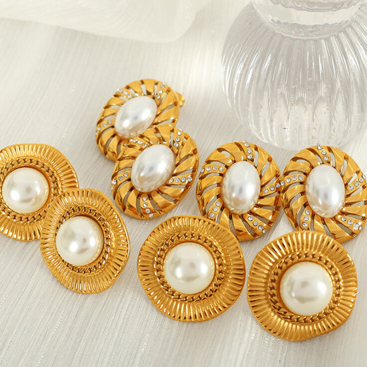 1 Paar Ohrstecker für Damen, Retro-Stil, geometrischer Stil, Edelstahl, 18 Karat vergoldet, Strass