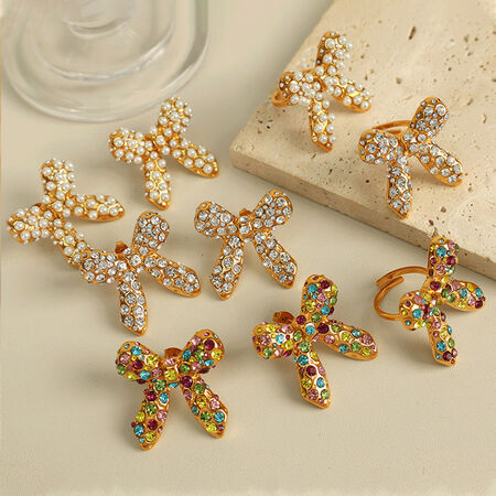 1 pair simple series retro bow knot stainless steel gold plated rhinestone women stud earrings