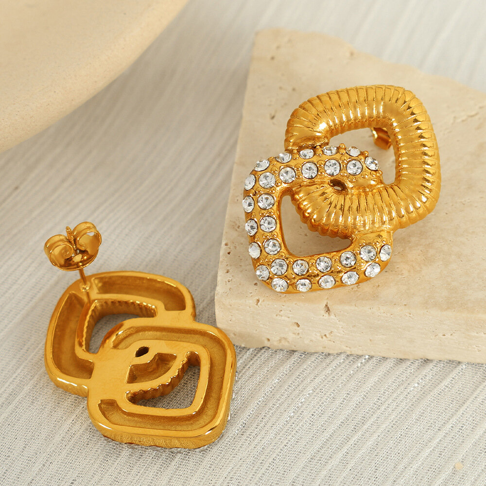 1 pair classic series retro geometric stainless steel  gold plated rhinestone women Stud Earrings h5 Picture7