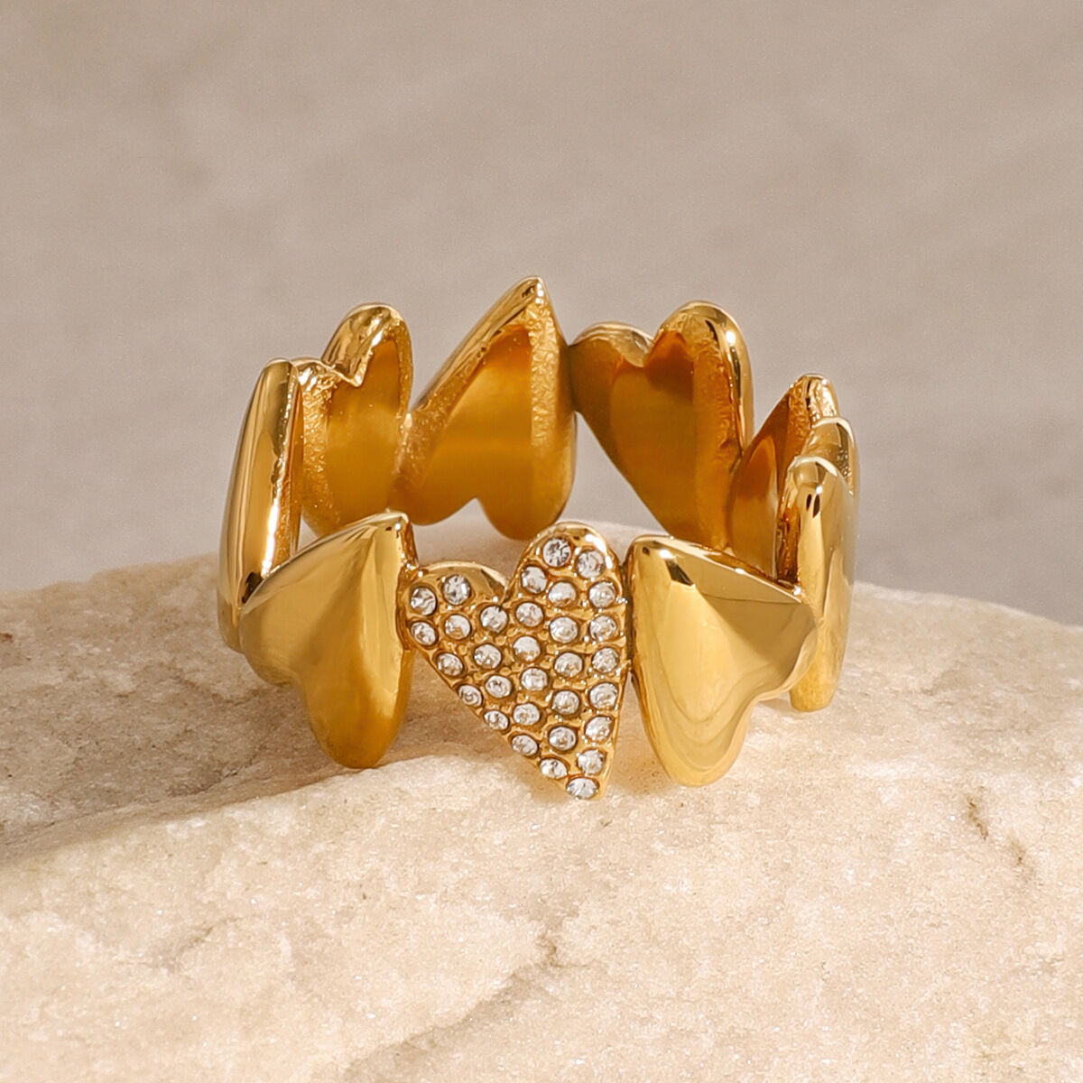 1 Piece Casual Heart Stainless Steel Waterproof Gold Color Zircon Women's Single Rings