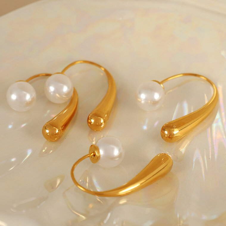 1 paire de boucles d'oreilles à tige géométriques simples en acier inoxydable plaqué or  avec perles artificielles pour femmes h5 Image6